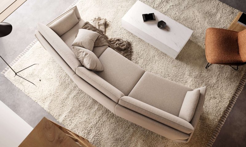 Curved Montego sofa ROM in bright fabric aerial view
