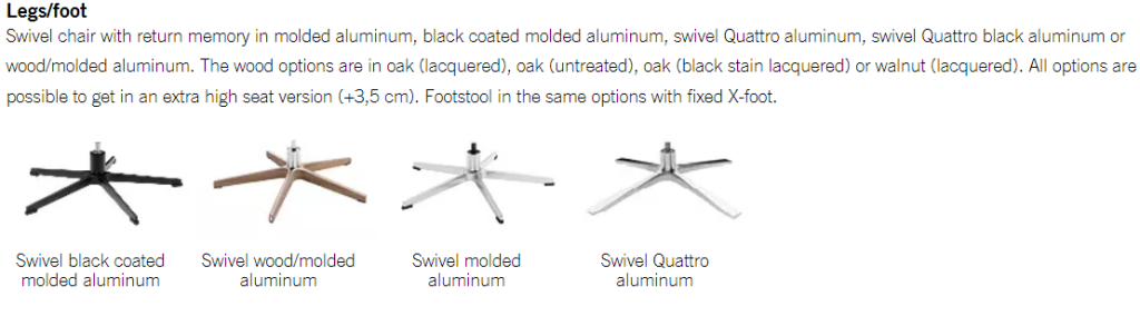 Legs/foot options Master classic swiveling the return armchair by Conform